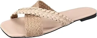 SOUL 2 SOLE Trendy criss-cross flat slippers, a combination of a braided strap and a canvas strap,BEIGE,37