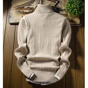 Casual Men Winter Solid Color Turtle Neck-beige