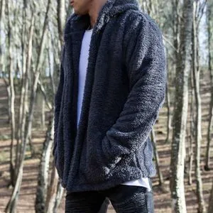 Winter Warm Men Winter Thick Hoodies Tops Fluffy Fleece Fur Jacket Hooded Coat Outerwear Long Sleeve Cardigans(Blue)