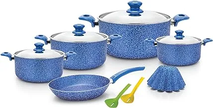 Trueval 12-Piece Cookware Set (Pot 16-18-24-28 - Frypan 24 - Brioche 12-2-Piece Serving Set) color Granite Blue