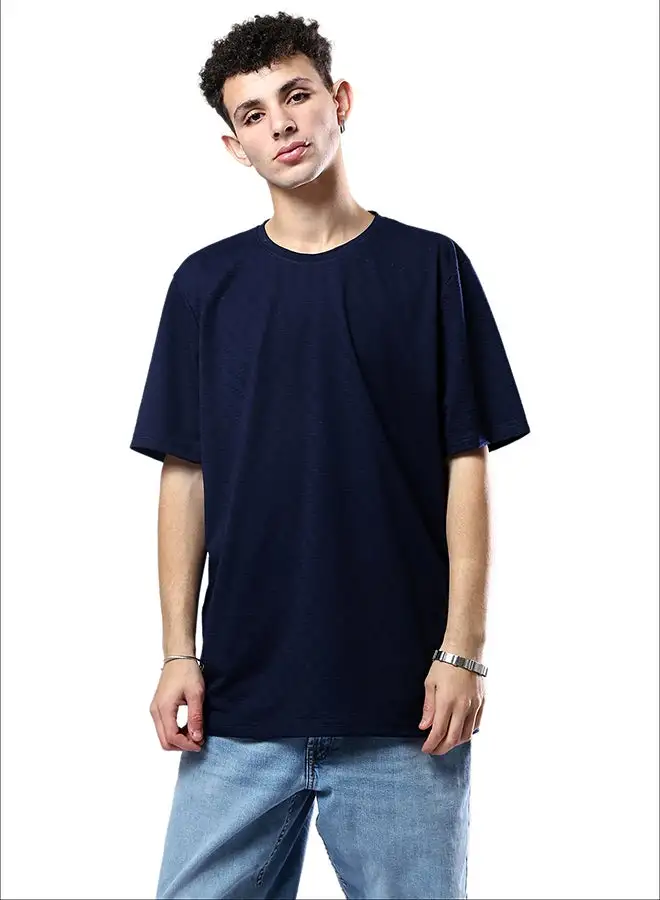 RAVIN Elbow-Sleeves Crew Neck Navy Blue Tee