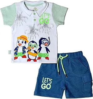 Baby Shoora Cotton Set of 2 Pieces Half Sleeves T-Shirt&Short Printed Shapes For Boys-Multicolor-6-12Month