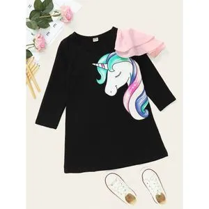 Fashion Kid Girls Shirt Dress Cartoon Unicorn Design Long Sleeves Dress