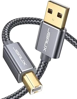 كابل طابعة USB JSAUX بطول 2 متر، USB 2.0 A ذكر إلى B ذكر سلك ماسح ضوئي مطلي بالذهب من النايلون متوافق مع Canon وEpson وHP وLexmark وDell وXerox وSamsung وغيرها وأجهزة USB B الأخرى - رمادي