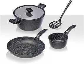 Moneta 4 pieces Starter Set (white box for e-commerce): Frypan 24cm, Saucepan 16cm, Casserole 20cm, Glass Lid with Silicone rim 20cm, Nylon Skimmer 0018656573