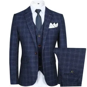 Fashion Blazer Waistcoat Pants High-end Brand Classic Plaid Mens Formal Business Suit Blue 3pces