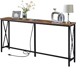 SUPERJARE 70.9 Inch Console Table with 2 Outlet and 2 USB Ports, Extra Long Entryway Table with Metal Frame and X-Shaped Design, Narrow Sofa Table for Living Room and Hallway - Rustic Brown