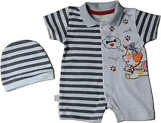 Baby Shoora Cotton Set of 2 Pieces Half Sleeves Bodysuit&Hat Printed Dog For Boys-Multicolor-6-12Month