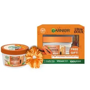 Garnier Ultra Doux غذاء الشعر بالبابايا 3 في 1 للشعر التالف - 390 مل + سكرانشي بالبرتقال مجانًا