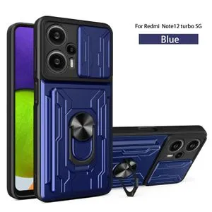 Poco F5 Full Protection Case With Visa Card Slot, Metal Ring & Slider Camera Cover - Blue