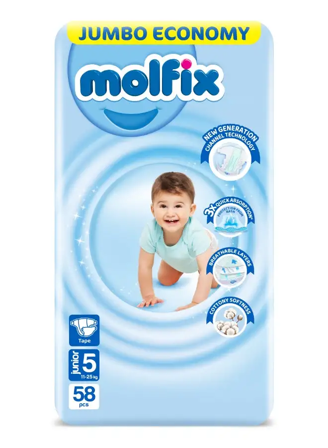 Molfix 58 Piece -Junior Comfortfix Diapers Jumbo Promo Pack Size 5 (11 - 25 Kgs) - Packaging may vary