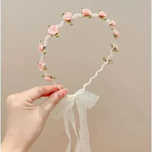 Elegant Wedding Princess Pearls Flower Headband For Girls Rose Long Satin Ribbon Hair Hoop - Rose