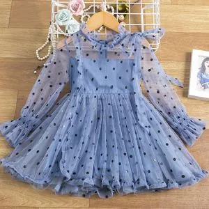 Fashion Dot Bow-knot Princess Dress Long-sleeved Mesh Dress For Girls