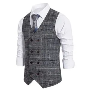 New Men Formal Suit Vest Sleeveless Waistcoat Slim Plaid Business Wedding Classic Tuxedo Outwear Social Blazer