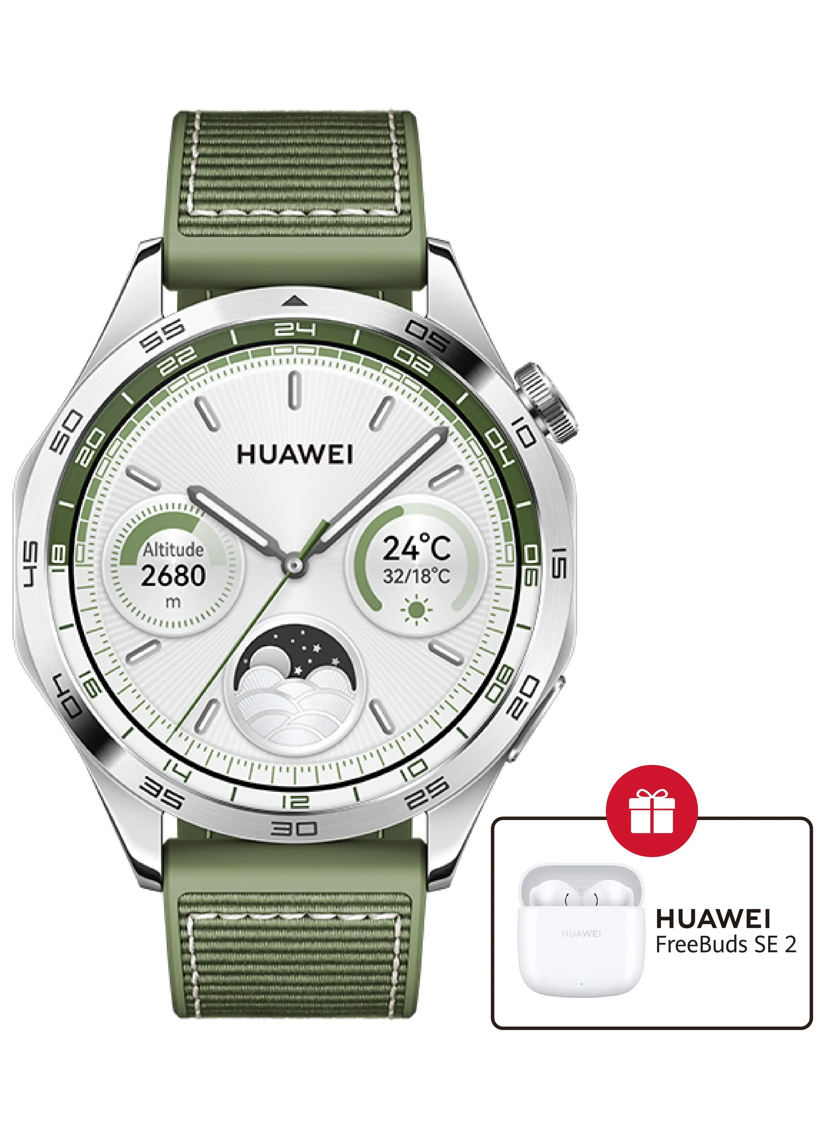 HUAWEI WATCH GT4 46 mm SmartWatch Green + FreeBuds SE 2 Gift White