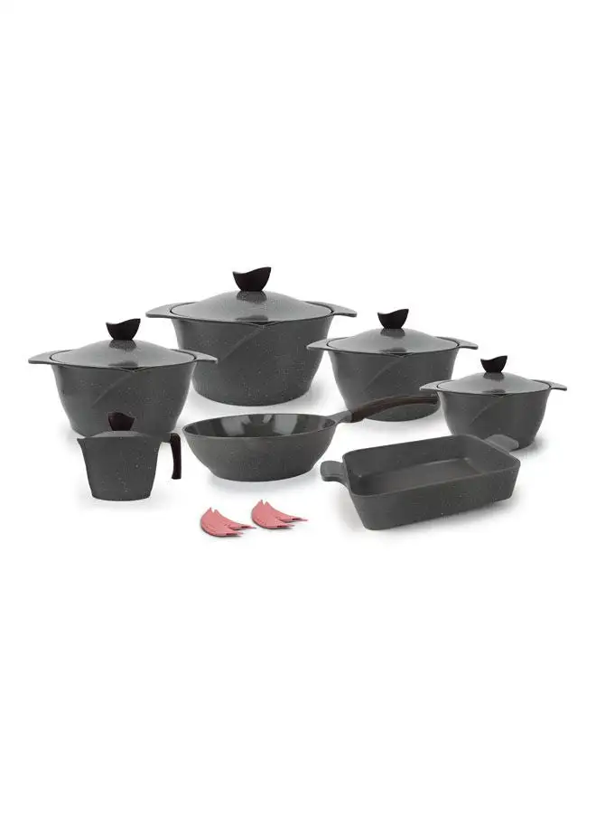 Master 16 Pcs Flower Granite Cookware Set Pot 18 - 20 - 24 - 28 - deep frying pan 28 - Labneh 16 - Casserole 31 - 4 pot holder -Grey