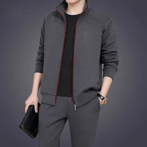 Fashion 2 In 1 Men's Casual Zipper Sports Suit-Black Grey