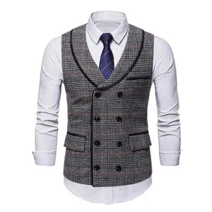 Men's Casual Vests Swallow Gird Double Breasted Slim Fit Business Vest Pocket Shawl Collar Suit Male Formal Waistcoat Dark Grey