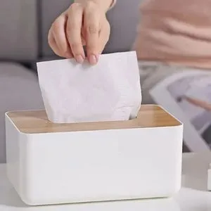 Multifunctional Tissue Box With Wooden Lid For Bathroom.