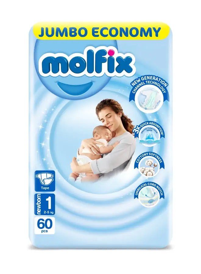 Molfix 60 Piece -Comfort Fix Diapers 3D Size 1 Newborn 2-5 Kg  Jumbo Promo - Packaging may vary