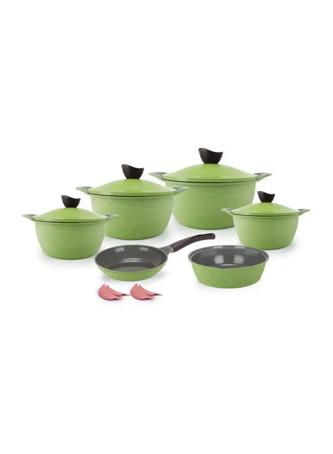 Master 14Pieces Cookware Set Pot 18 - 20 - 24 - 28 - Frying pan 24 - Tray 26 + 4 silicone hot pot holder -Green