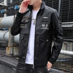 Fashion Men's Warm And Windproof Leather Jacket-Black