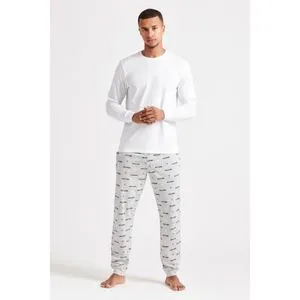 Debenhams 1PK MENS PENGUIN LS TEE & CUFFED AOP TRS WHITE