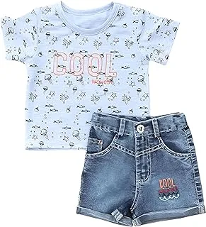 Sika Cotton Set of 2 Pieces Half Sleeves T-shirt&Short Printed Cool For Boys-Baby Blue&Jeans-12Months