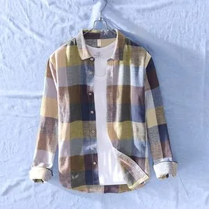 Fashion Mens Shirt Plaid Linen Cotton Shirts