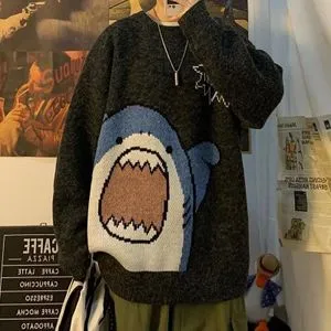 Fashion Jumper Sweater Men Women Winter Warm Pullover Harajuku Anime Sweat Tops Christmas Aesthetic Design Y2k Clothes Shark Green-black