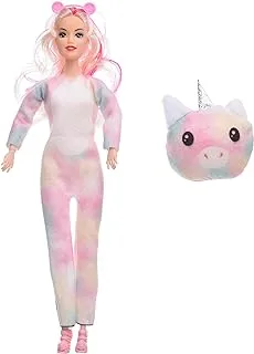 Plastic Pretty Doll With Long Colorful Hair And Cute Unicorn Shaped Suit Add More Entertaining For Girls Set Of 2 Pieces - Multi Color