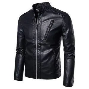 Fashion Men's Windproof Stand-collar Outdoor Leather Jacket-Black