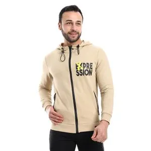 AlNasser Hooded Neck Zippered Pockets Printed Sweatshirt - Camel Beige