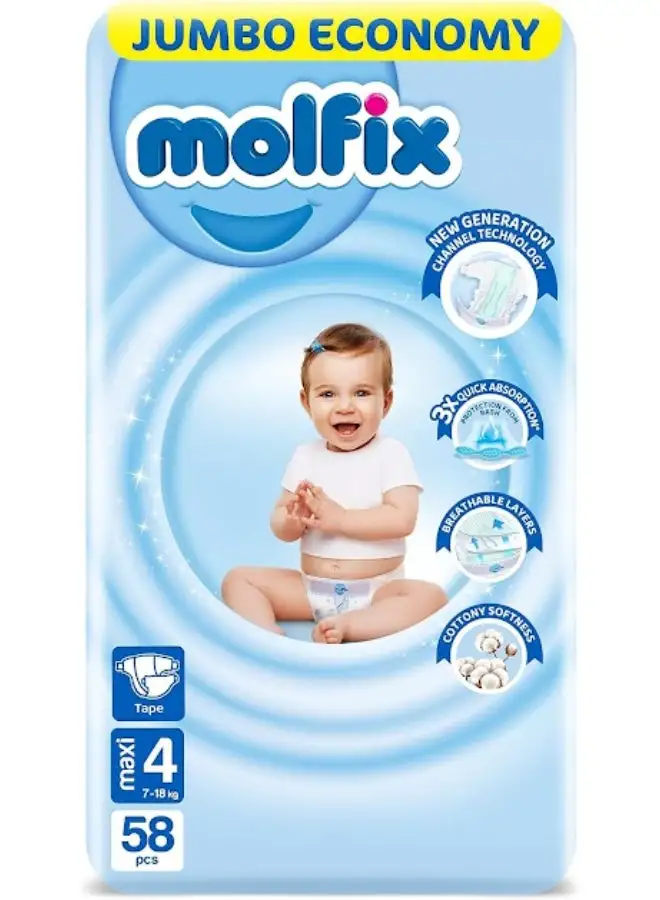 Molfix 58-Piece Maxi Comfortfix Diapers 3D Jumbo Promo Pack Size 4 (7 - 18 Kgs)- Packaging may vary