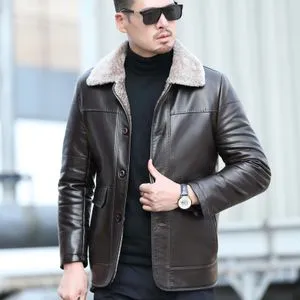 Fashion Casual Lapel Mid-length Business Leather Jacket Fur Coat，Leather Down Jjacket