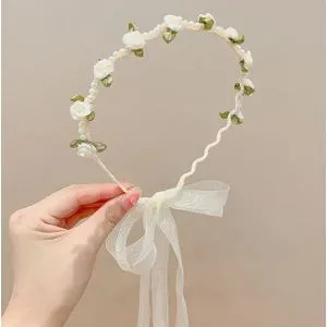 Elegant Wedding Princess Pearls Flower Headband For Girls Rose Long Satin Ribbon Hair Hoop - White