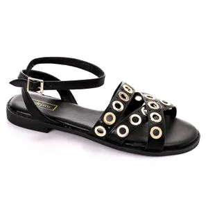 Dejavu Perforated Golden Accessorized Buckle Flat Sandal - Black