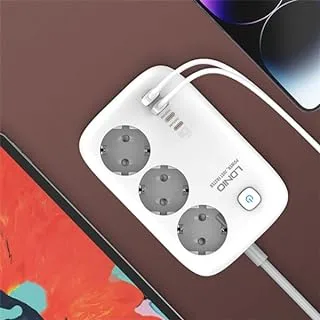 LDNIO SE3436 European 3 Gang Power Strip Surge Protector Quick Charge Port EU Extension Socket 3 Outlet 4USB EU Plug Power Boar - White