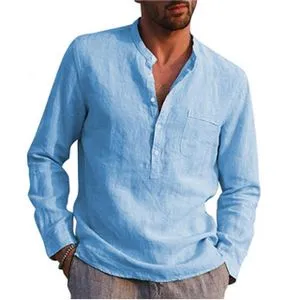 Linen Men's Shirts Summer Solid Color  Stand-Up Collar Casual Beach 100% Cotton