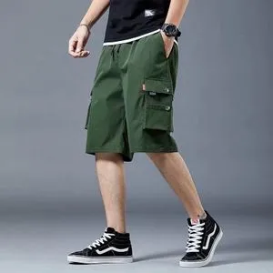 Fashion (Green)Men's Casual Cargo Shorts Korean Fashion Loose Knee Length Trousers With Pockets Men Summer Hip Hop Streetwear Joggers Shorts WEF