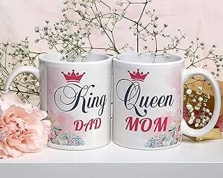 CHHAAP King Dad Mug and Queen Mom Mug Gift for Father Mom Mother Maa Papa Dad Happy Birthday and Happy Anniversary Printed Microwave Safe White Ceramic Coffee Mug 350 (ml) (KQ1 05)