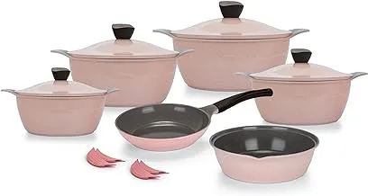 Master granite set 14 pieces (pot 18-20 - 24-28 - frying pan 24 - tray 26 + 4 silicone mask) Color: Pink - Model: Wave