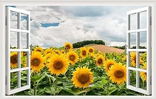 Sunflower Wall Sticker Removable 3D Faux Windows Fake Windows Wall Sticker Vinyl Self-Adhesive Sunflower Window View Wall Sticker Scenery Mural for Bedroom Living Room Decoration