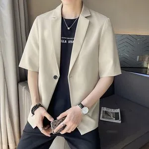 Fashion (Light Khaki)2022 British Style Summer New Fashion Solid Color Short Sleeve Suit Coat Causal Korean Blazers Single Notched Jacket S-5XL WEF