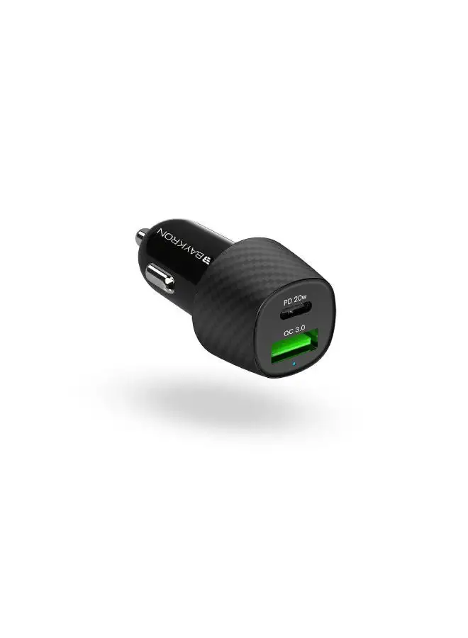 بايكرون بايكرون شاحن ذكي USB 18W QC 3.0، USB-C 20W PD، 3A سيارة مع كوالكوم للشحن السريع - أسود