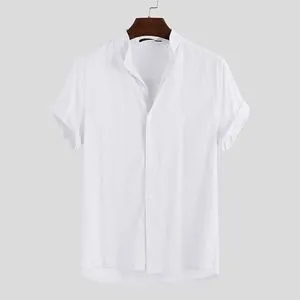 Fashion Men Linen Slim Fit Short Sleeve Shirt - White