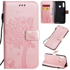 For Galaxy A70e Tree & Cat Pattern Pressed Printing Horizontal Flip PU Leather Case With Holder & Card Slots & Wallet & Lanyard(Rose Gold)