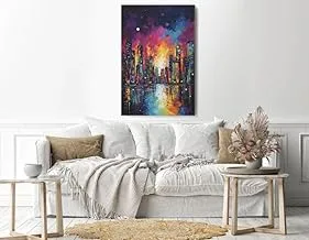 Painting colorful city with moon on sky Printed canvas wall art 60x40