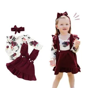 Fashion Newborn Baby Dress Set Floral Long Sleeve Bodysuit + Suspender Skirt + Headband