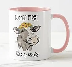 Vixar Coffee First Then Cows Coloured Mug Cup Gift Birthday Work Office Christmas Tea Coffee (Pink)